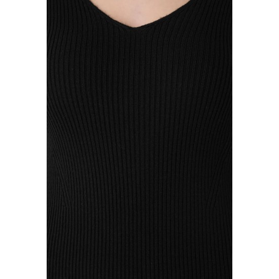 V-NECK LONG KNITWEAR DRESS WITH SLIPPED SLEEVES