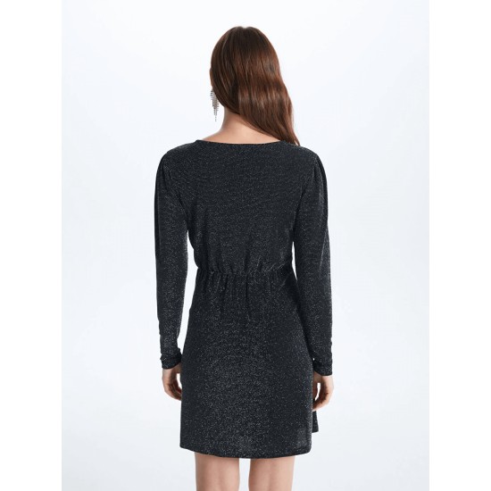 Classic Double Breasted Collar Shiny Look Long Sleeve Women's Dress