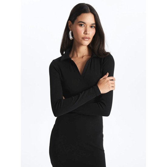 Casual Polo Neck Plain Long Sleeve Women's Dress